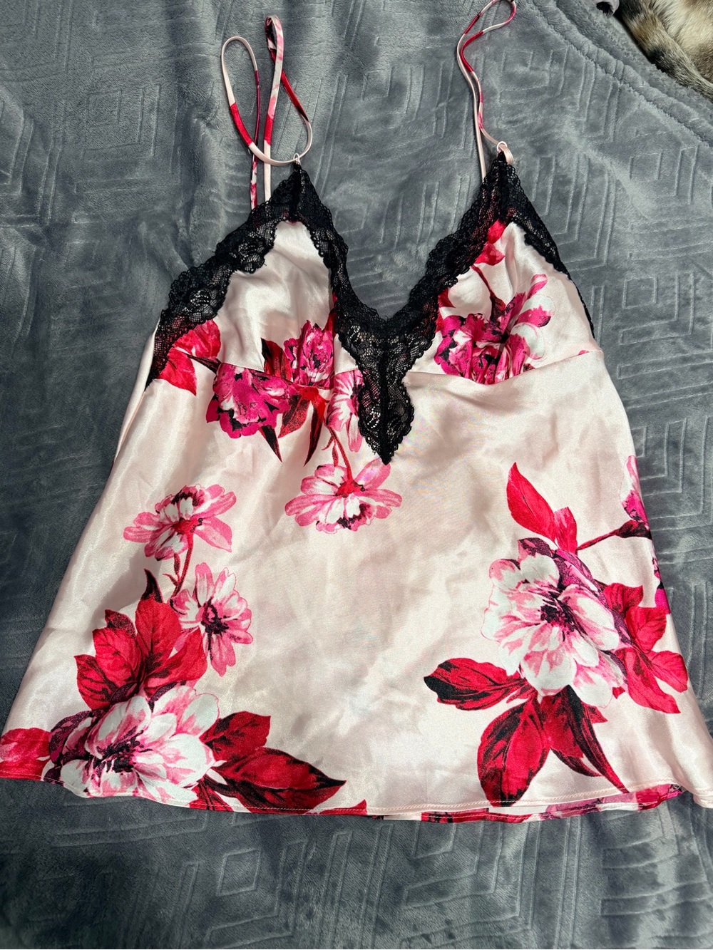 Floral Satin Lace-Trim Chemise in Pink